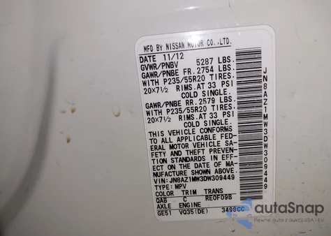 2013 Nissan Murano Le from USA, damaged, VIN JN8AZ1MW3DW309449